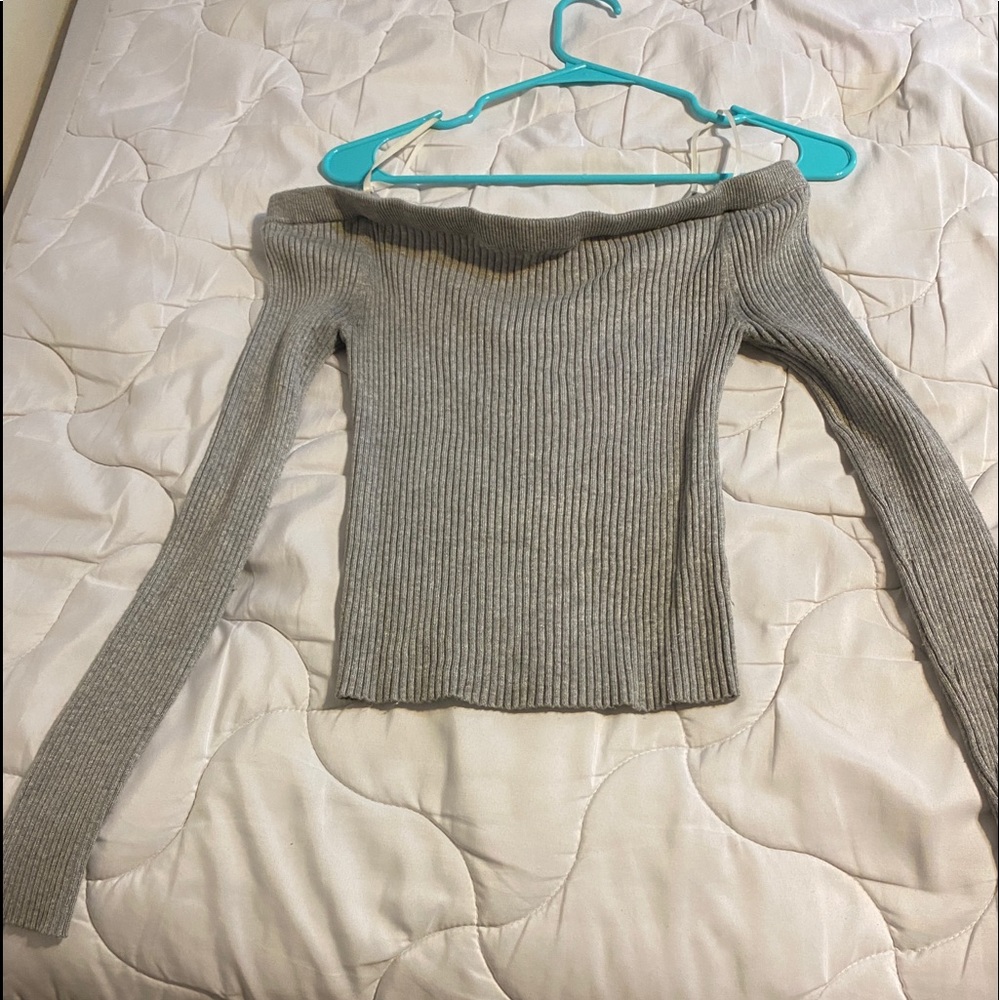 Grey knit off the shoulder sweater